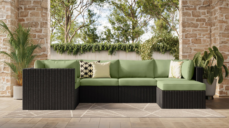 Barbados 6-Piece Outdoor Patio Set with 3 Corner Chairs, 2 Armless Chairs & Ottoman - Hand-Woven Resin Wicker, UV & Weather Resistant - Black/Green