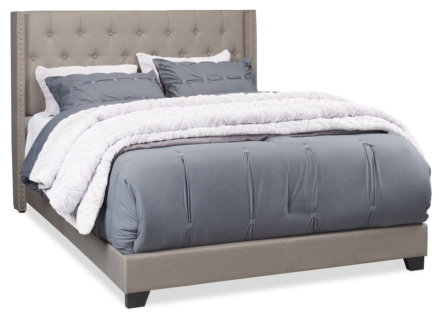 Brady Upholstered Wingback Bed in Light Grey Fabric with Nailhead D. The Brick