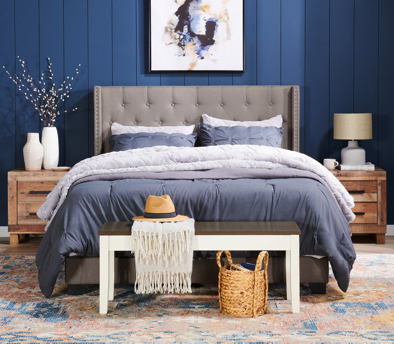Brady Upholstered Wingback Bed in Light Grey Fabric with Nailhead Design, Button Tufted - Queen Size