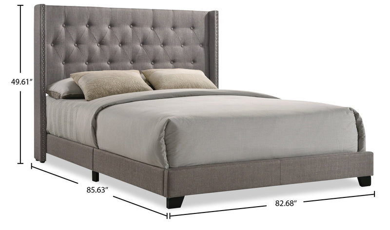 Brady Upholstered Wingback Bed in Light Grey Fabric with Nailhead Design, Button Tufted - King Size
