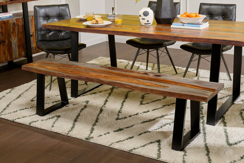 Bowery Dining Bench, Sheesham Wood, Metal, Trapizoid Base, 70\"W - Brown