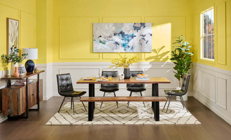 Bowery Dining Table, Sheesham Wood, Metal, Trapizoid Base, 80\"W - Brown