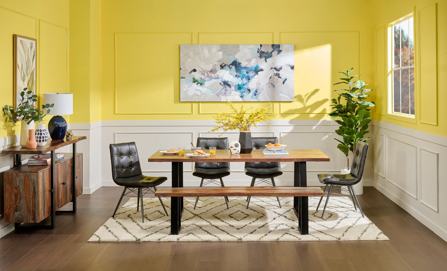 Bowery Dining Bench, Sheesham Wood, Metal, Trapizoid Base, 70