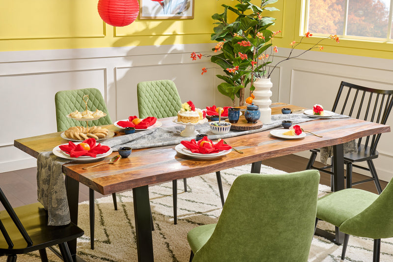 Bowery Dining Table, Sheesham Wood, Metal, Trapizoid Base, 80\"W - Brown