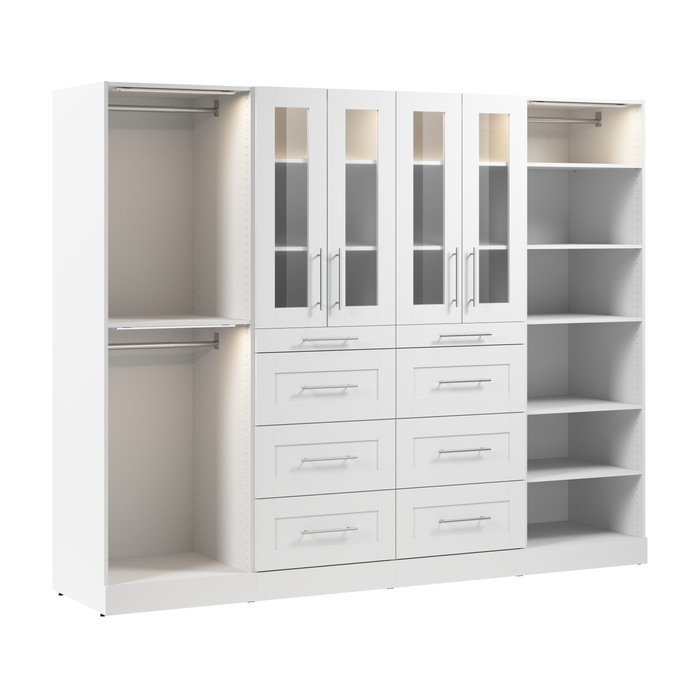 Bestar Florence 100\" Modular Walk-In Closet System with LED Lights, Rods, Shelves, Drawers and Doors Shaker Style - White