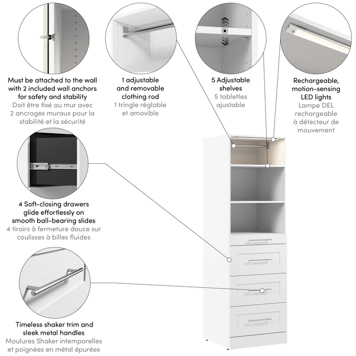 Bestar Florence 25\" Modular Reach-In/Walk-In Closet System Tower with LED Light, Shelves and 4 Drawers Shaker Style - White