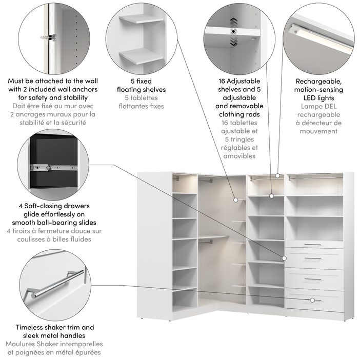 Bestar Florence 105\" Modular L-Shaped Walk-In Closet System with LED Lights, Rods, Shelves and Drawers Shaker Style - White