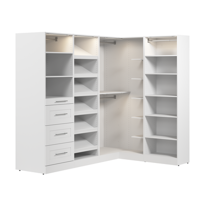 Bestar Florence 85" Modular L-Shaped Walk-In Closet System with LED Lights, Rods, Drawers and Shoe S|Système de pièce-penderie en forme de L modulaire Florence de Bestar de 85 po avec éclairages à DEL,