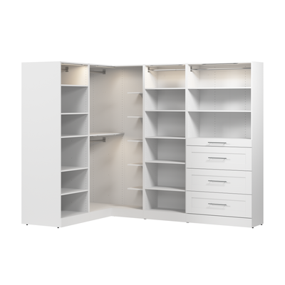 Bestar Florence 105" Modular L-Shaped Walk-In Closet System with LED Lights, Rods, Shelves and Drawe|Système de pièce-penderie en forme de L modulaire Florence de Bestar de 105 po avec éclairages à DEL