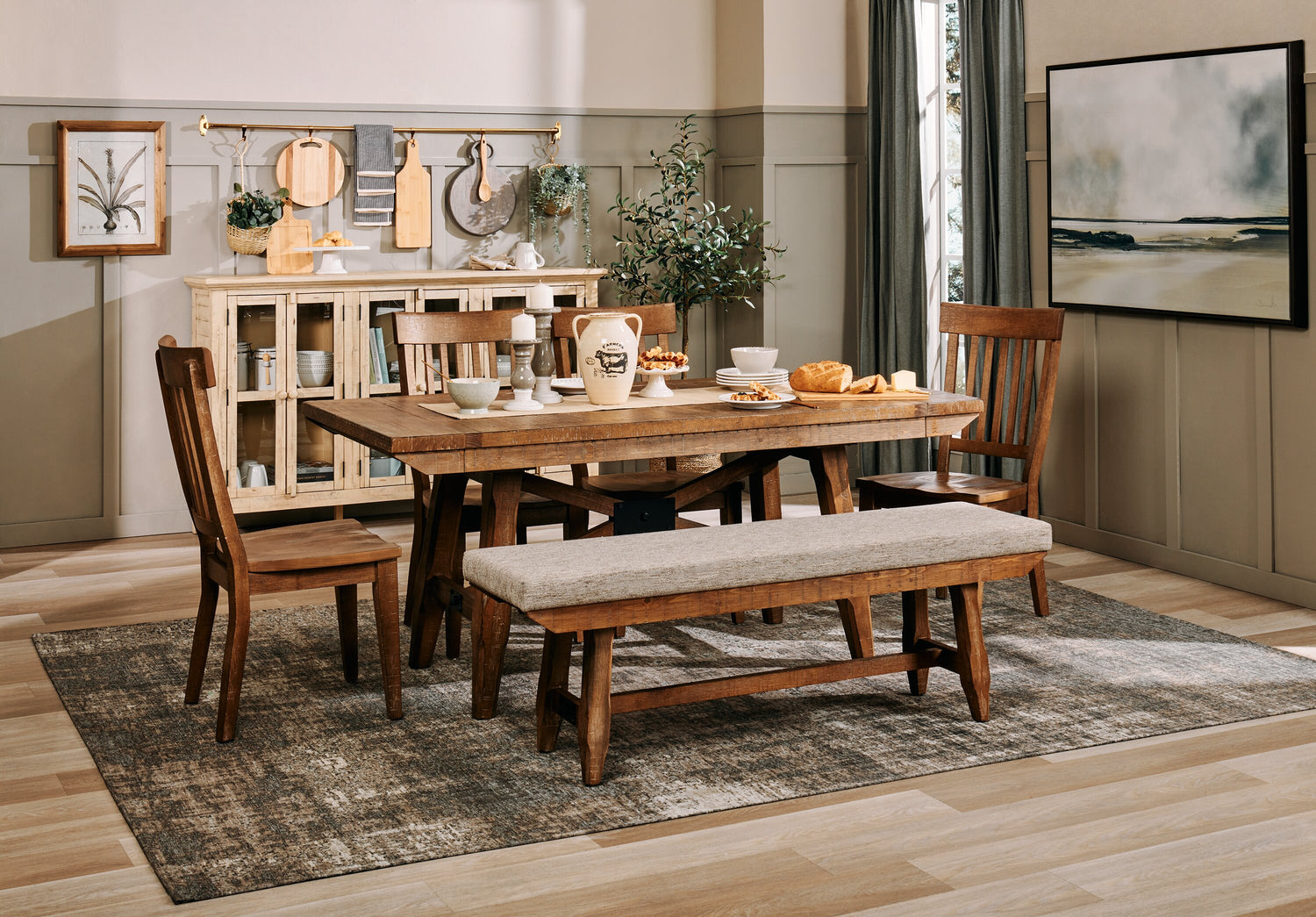 Cedar 6pc Dining Set with Table Bench 4 Chairs Pine Wood Trest. The Brick
