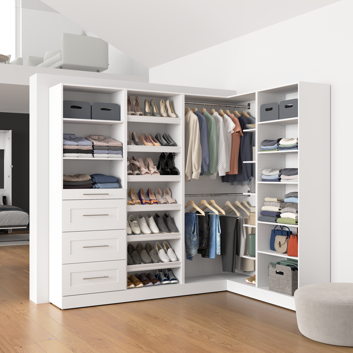Bestar Florence 85\" Modular L-Shaped Walk-In Closet System with Rods, Shoe Shelves and Storage - White
