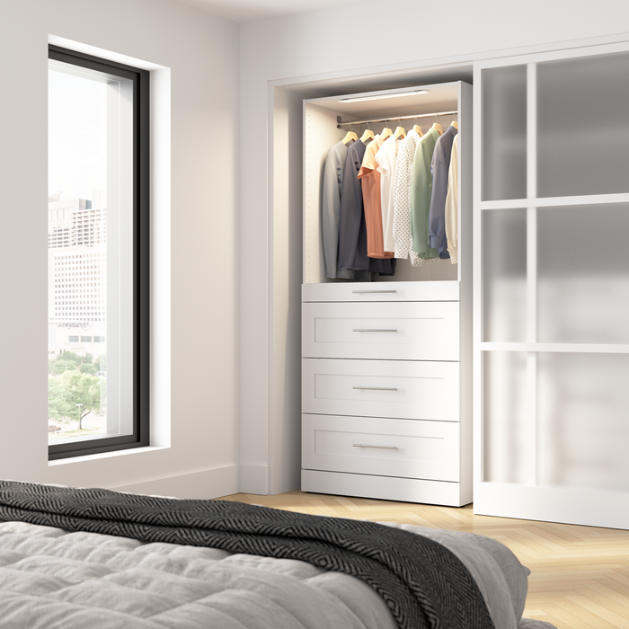 Bestar Florence 35\" Modular Reach-In/Walk-In Closet System with LED Light and Storage - White