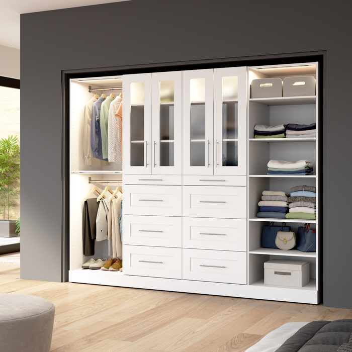 Bestar Florence 100\" Modular Walk-In Closet System with LED Lights, Rods, Shelves, Drawers and Doors Shaker Style - White