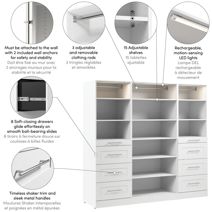 Bestar Florence 85\" Modular Reach-In/Walk-In Closet System with LED Lights, Shelves and Drawers Shaker Style - White