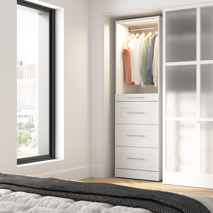 Bestar Florence 25\" Modular Reach-In/Walk-In Closet System Tower with LED Light, Shelves and 4 Drawers Shaker Style - White