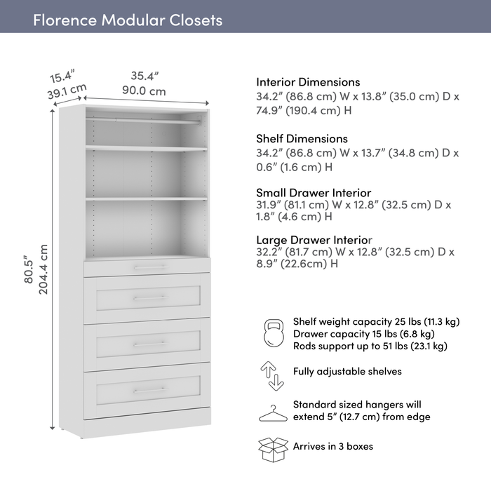 Bestar Florence 35\" Modular Reach-In /Walk-In Closet System with Storage - White