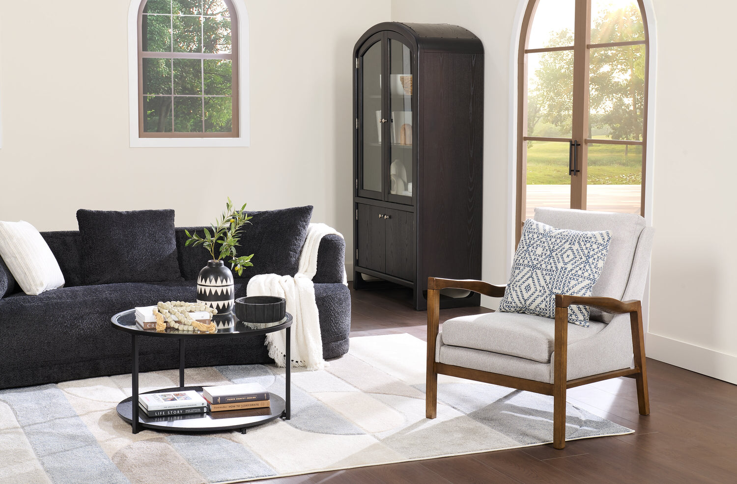 Echo Fabric Accent Chair with Wood Arms and Legs Beige