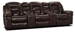 Leo 5-Piece Leather-Look Fabric Home Theatre Reclining Sectional with Storage Consoles and Cupholders - Walnut Brown