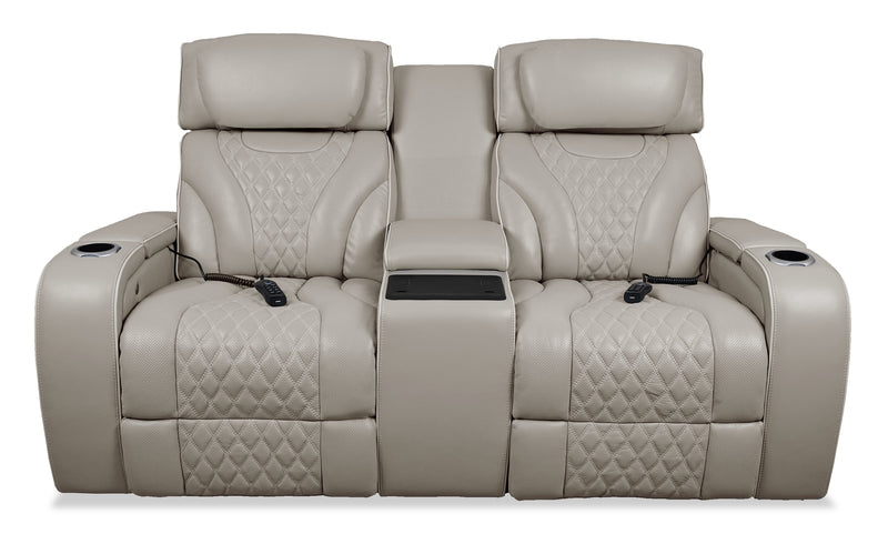 Elite 74\" Genuine Leather Massage Power Reclining Loveseat with Immersive Audio and Power Headrests - Putty