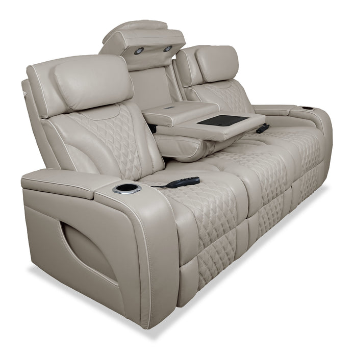 Elite 86\" Genuine Leather Massage Power Reclining Sofa with Immersive Audio and Power Headrests - Putty