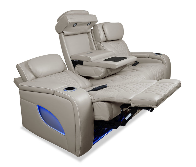 Elite 86\" Genuine Leather Massage Power Reclining Sofa with Immersive Audio and Power Headrests - Putty