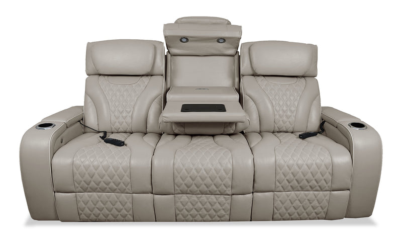 Elite 86\" Genuine Leather Massage Power Reclining Sofa with Immersive Audio and Power Headrests - Putty