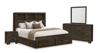 Ethan Storage 6pc Bedroom Set with Bookcase Headboard, Dresser, Mirror, Nightstand, Rustic Brown - Queen Size