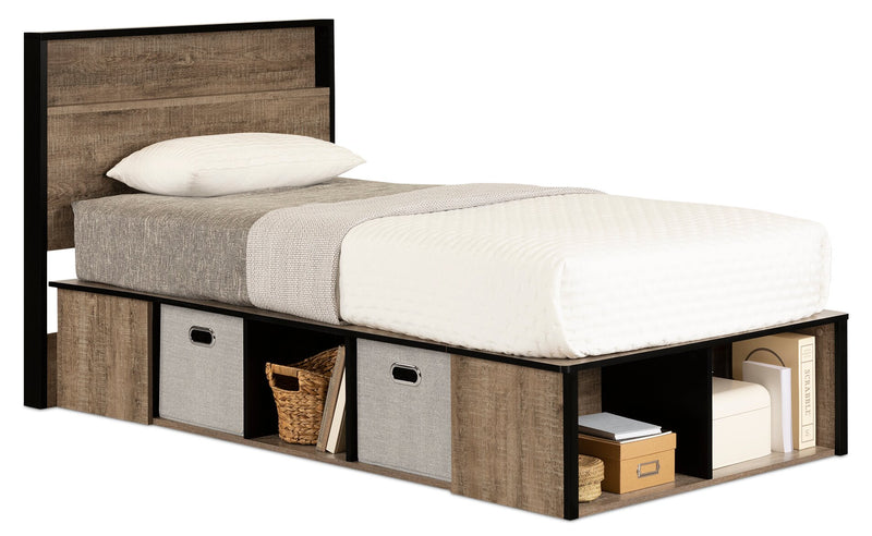 Everley Platform Bed Set with Panel Headboard, Built-in Storage & Baskets, Two-Tone - Twin Size