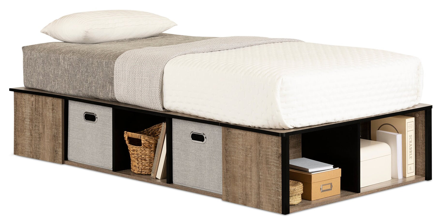Everley Platform Bed with Built in Storage Baskets Weathered Oak Matte Black Twin Size