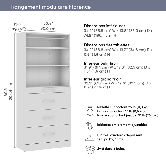 Bestar Florence 36\" Modular Reach-In/Walk-In Closet System Tower with Shelves and 4 Drawers Slab Style - White