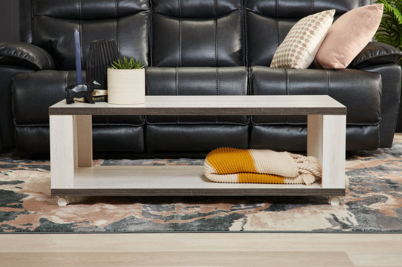 Flynn 47.25\" Modern Coffee Table with Shelf and Casters - White and Grey 