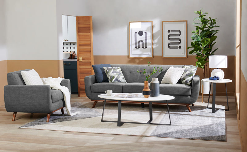 Kort & Co. Freeman 88\" Linen-Look Fabric Sofa with Wood Base and Tufted Back Cushions - Charcoal Grey