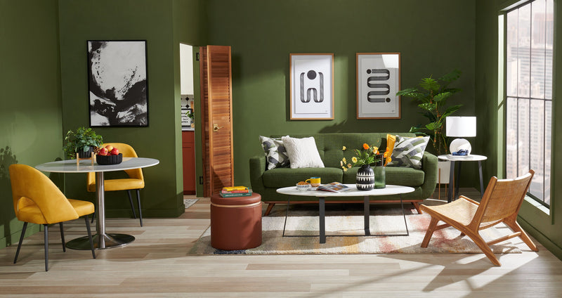 Kort & Co. Freeman 80” Linen-Look Fabric Condo Size Sofa with Wood Legs - Avocado Green