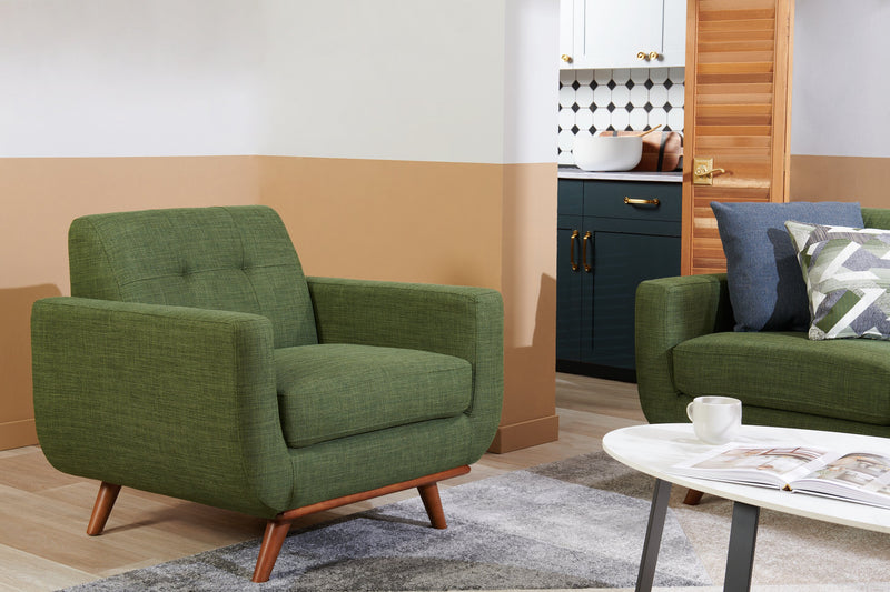 Kort & Co. Freeman 37\" Linen-Look Fabric Chair with Wood Legs and Tufted Back Cushion - Avocado Green