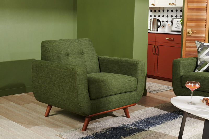Kort & Co. Freeman 37\" Linen-Look Fabric Chair with Wood Legs and Tufted Back Cushion - Avocado Green