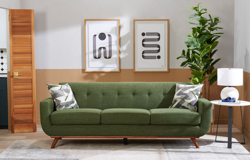 Kort & Co. Freeman 88\" Linen-Look Fabric Sofa with Wood Base and Tufted Back Cushions - Avocado Green