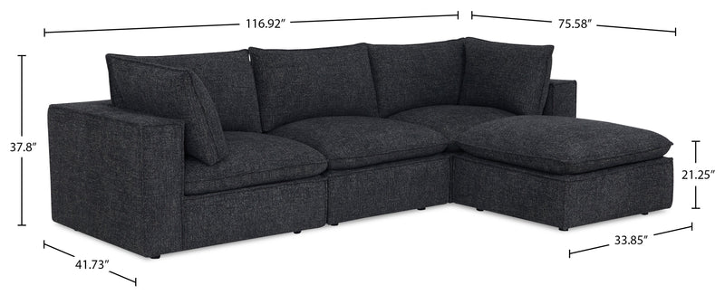 Fusion Modular 4-Piece Charcoal Grey Chenille Fabric Sectional with Feather Down Cushions and Ottoman