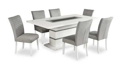 Garbo 7pc Dining Set with Table & 6 Chairs, Glass Insert, Pedestal Base, Glam, 78.75"W - White | Ensemble de salle à manger somptueux Garbo 7 pièces avec table de 78,75 po (L), incrustation de verre, base piédestal et 4 chaises - blanc