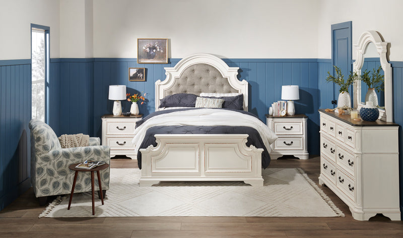 Grace Panel Bed with Headboard & Frame, Wooden, Fabric, Antique White - Queen Size