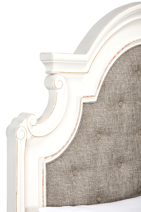 Grace Panel Bed with Headboard & Frame, Wooden, Fabric, Antique White - Queen Size