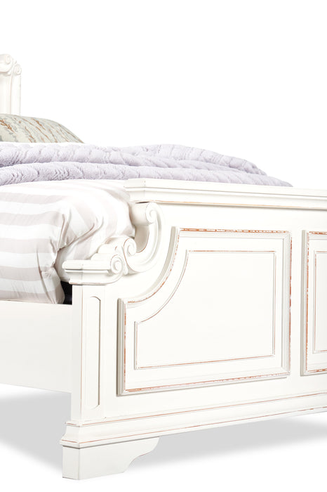 Grace Panel Bed with Headboard & Frame, Wooden, Fabric, Antique White - Queen Size