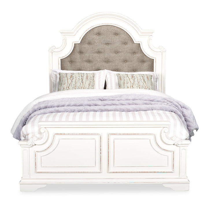 Grace Panel Bed with Headboard & Frame, Wooden, Fabric, Antique White - Queen Size
