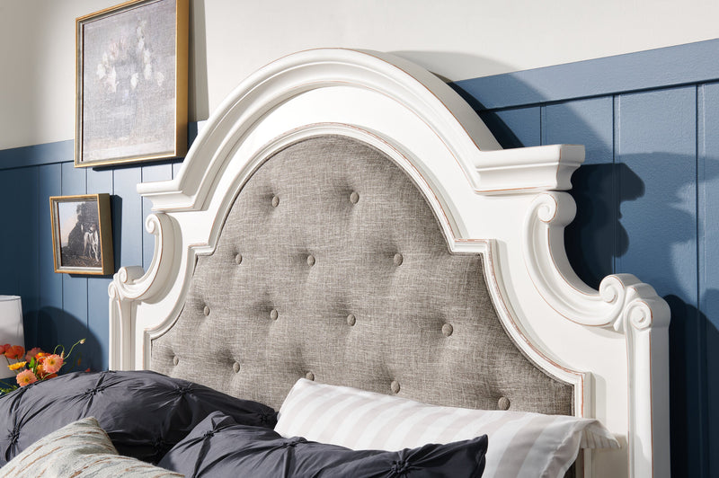 Grace Panel Bed with Headboard & Frame, Wooden, Fabric, Antique White - Queen Size