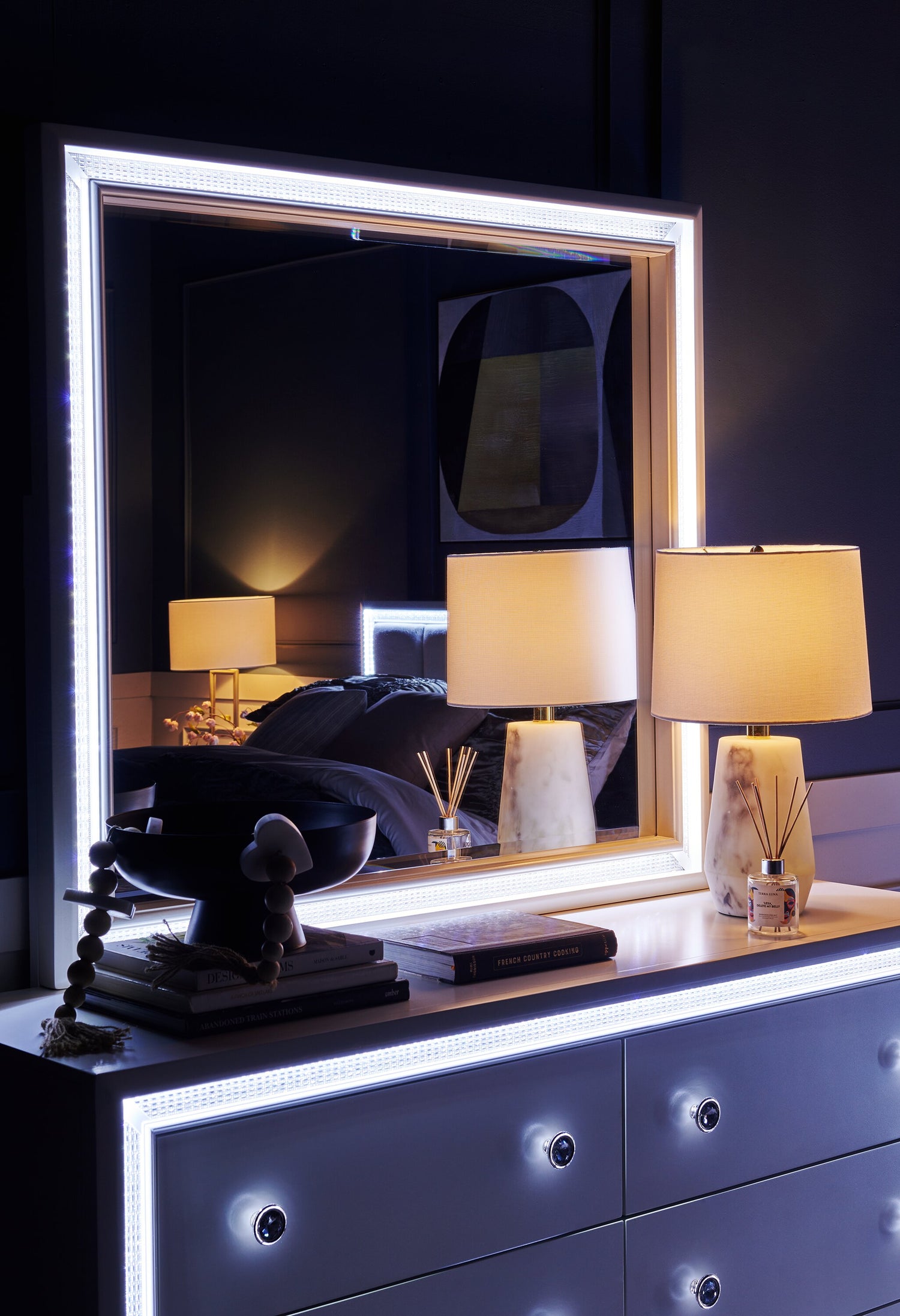 Halo Bedroom Dresser Mirror with LED Light, Glam - White