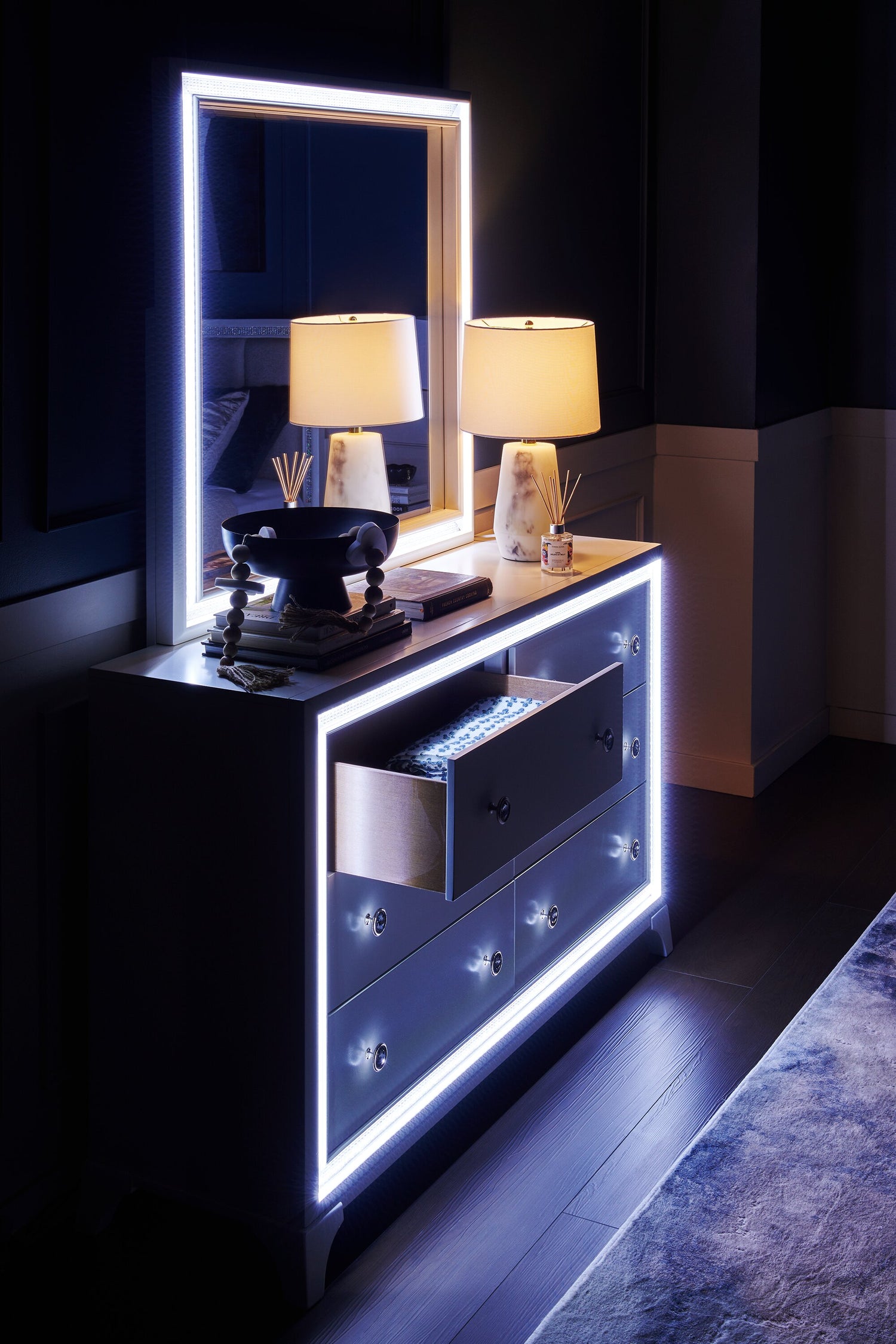Halo Bedroom 6-Drawer Dresser with LED Light, 58"W x 35"H, Glam - W... - The Brick Halo Bedroom 6-Drawer Dresser with LED Light, 58"W x 35"H, Glam - W... - The Brick