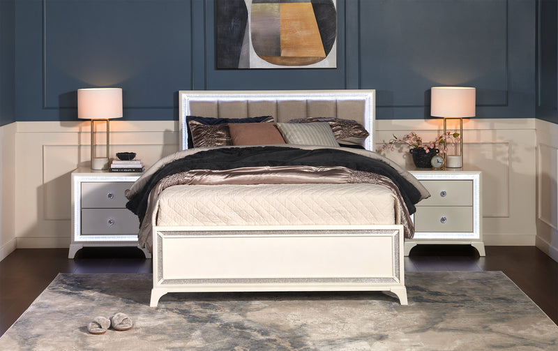 Halo Panel Bed with Headboard & Frame, LED, Glam, White - Queen Size