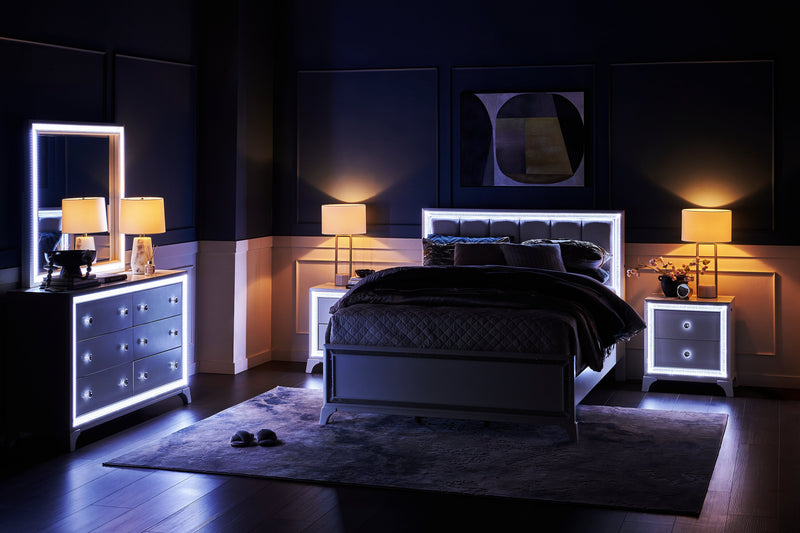 Halo Panel Bed with Headboard & Frame, LED, Glam, White - Queen Size