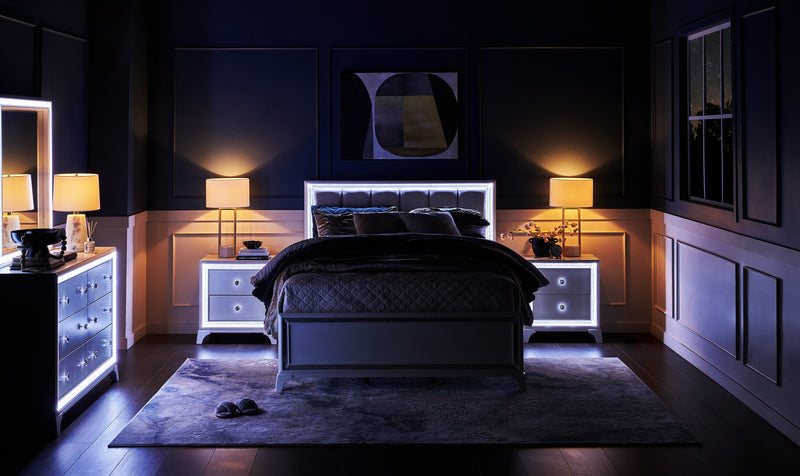 Halo Panel Bed with Headboard & Frame, LED, Glam, White - Queen Size
