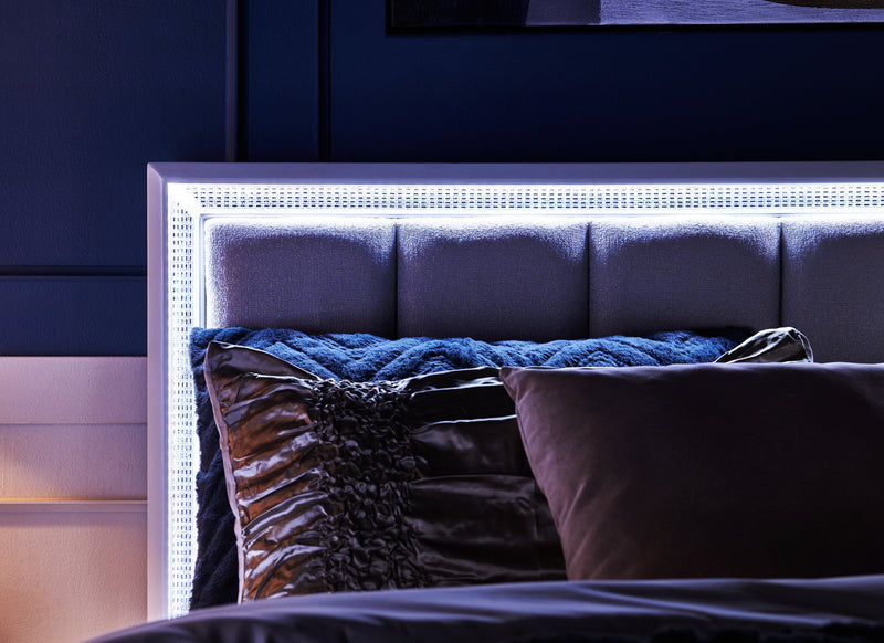 Halo Panel Bed with Headboard & Frame, LED, Glam, White - Queen Size