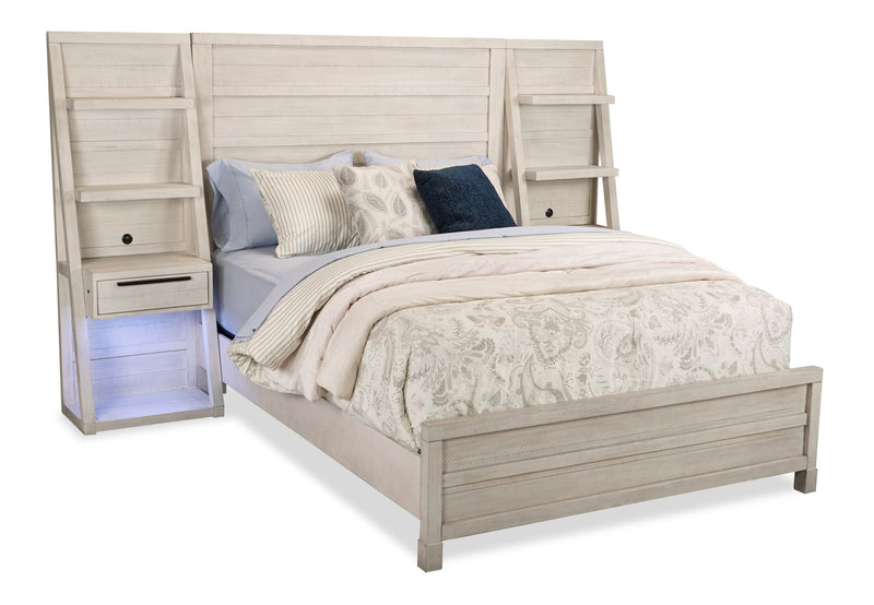 Haven Pier Bed with Headboard, Frame & 2 Piers, USB, LED, White - Queen Size